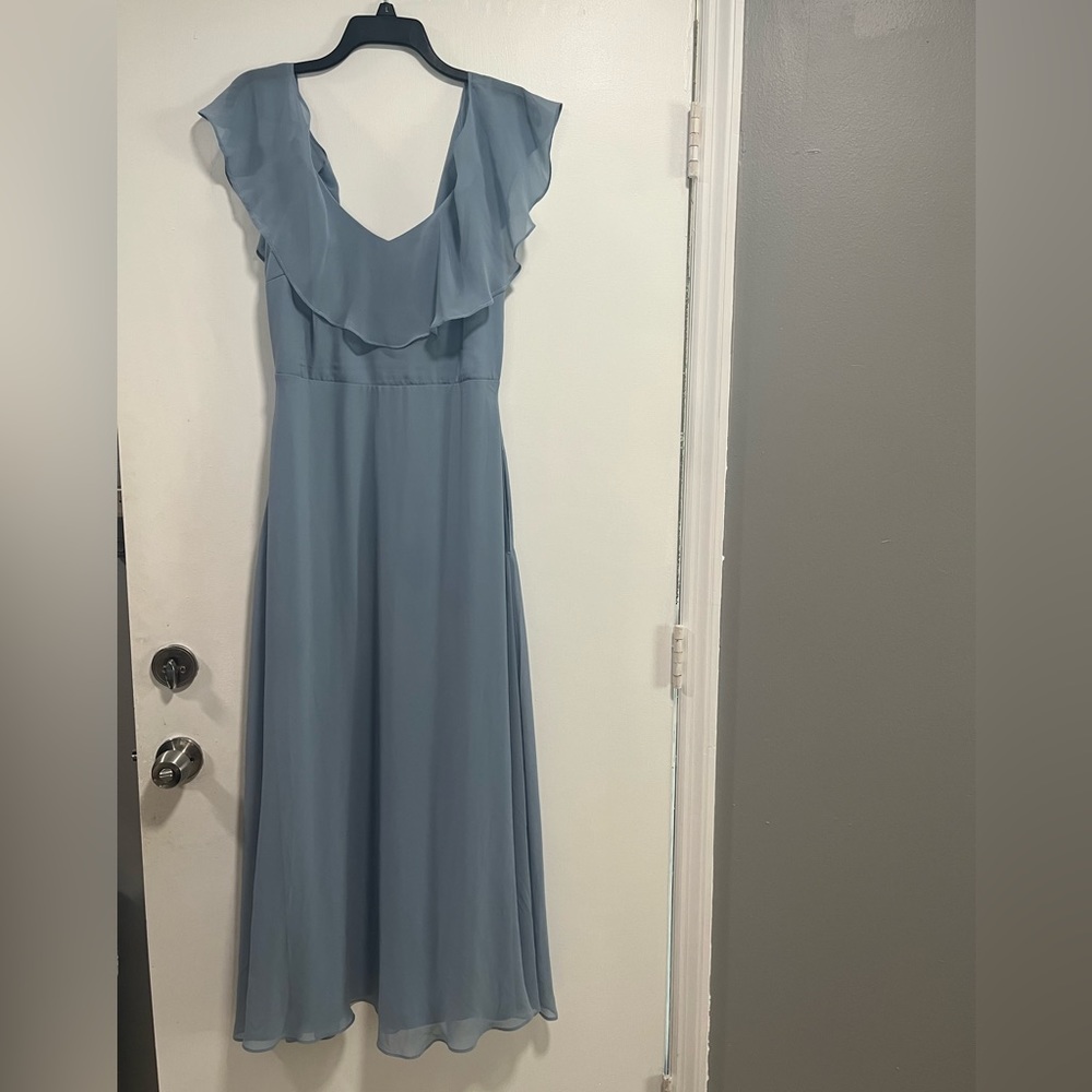 Dusty blue off the shoulder, bridesmaid dress worn one time.